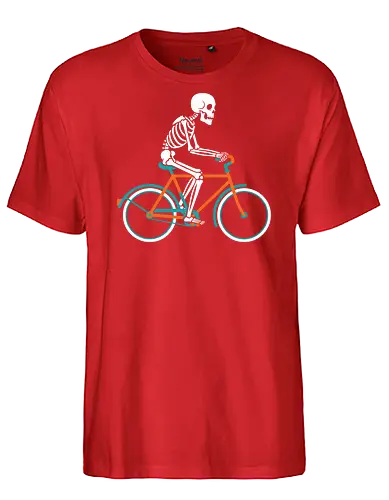 Cycling Skeleton - Cycling skeleton, bike, bicycle, funny Halloween, cyclist gift, macabre humor, minimalist, witty graphic, t-shirt design, art print, cool skeleton, fixie, retro bike, grim reaper - Fairtrade T-Shirt