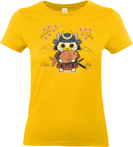  Samurai Cat and the Golden Catch - Samurai cat, cat warrior, cute samurai, Japanese art, kawaii, koi fish, cherry blossom, Sakura, cat lover gift, t-shirt design, art print, warrior kitty, historical humor, Japan culture, feline - Standard T-Shirt (Women)