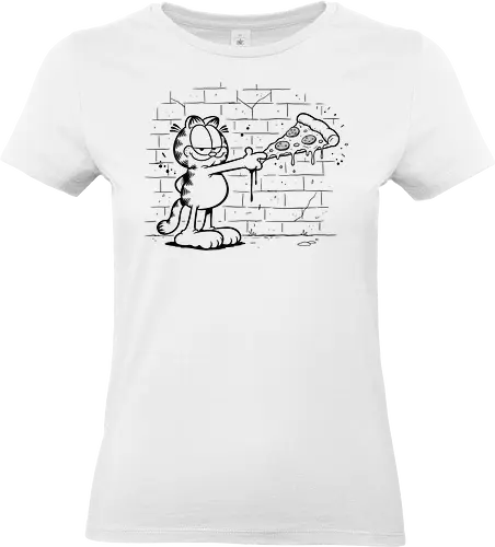 Graffiti Orange Cat's Slice - Orange Cat, pizza, comic strip, nostalgic, cartoon cat, funny pizza, pepperoni, graffiti art, street art, black and white, minimalist, fan art, t-shirt design, art print, pop culture, food humor - Standard T-Shirt (Women)