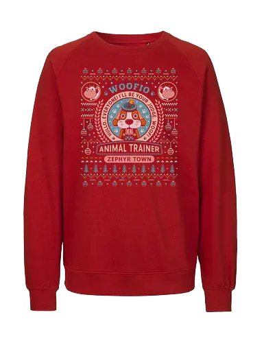 Woofio Zephyr Town Ugly Sweater - harvest moon, harvest, cute, moon, farmer, farmers, farming, farm, harvesting, adorable, gaming, gamer, game, video game, videogame, videogames, videogame, geek, nerd, rpg, jrpg, otaku, cow, story of seasons, rune factory, trio of towns, story of seasons grand bazaar, ugly christmas sweater, christmas, xmas, woofio - Fairtrade Sweatshirt