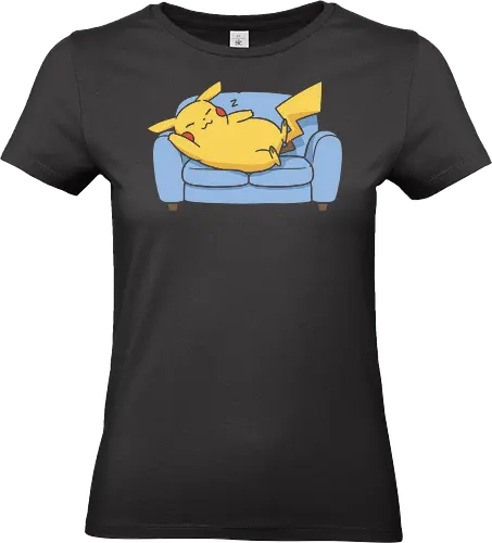 Sofa Mouse Nap - Mouse, sleeping Pikachu, Pocket, nap time, cozy, cute, kawaii, fan art, couch, sofa, t-shirt design, art print, electric type, gamer gift, geek art, wholesome, minimalist. - Standard T-Shirt (Women)