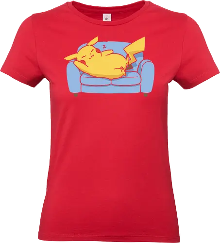 Sofa Mouse Nap - Mouse, sleeping Pikachu, Pocket, nap time, cozy, cute, kawaii, fan art, couch, sofa, t-shirt design, art print, electric type, gamer gift, geek art, wholesome, minimalist. - Standard T-Shirt (Women)