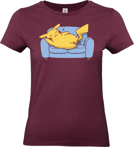Sofa Mouse Nap - Mouse, sleeping Pikachu, Pocket, nap time, cozy, cute, kawaii, fan art, couch, sofa, t-shirt design, art print, electric type, gamer gift, geek art, wholesome, minimalist. - Standard T-Shirt (Women)