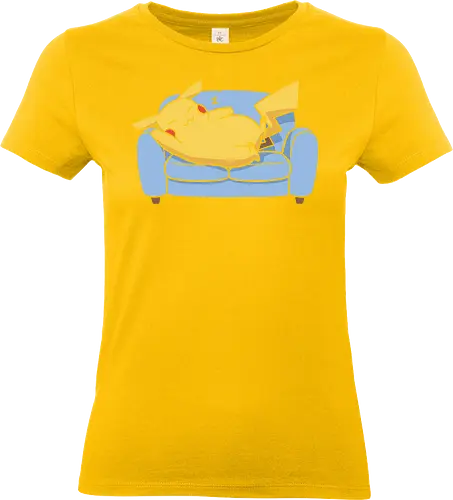 Sofa Mouse Nap - Mouse, sleeping Pikachu, Pocket, nap time, cozy, cute, kawaii, fan art, couch, sofa, t-shirt design, art print, electric type, gamer gift, geek art, wholesome, minimalist. - Standard T-Shirt (Women)