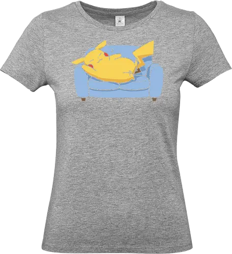 Sofa Mouse Nap - Mouse, sleeping Pikachu, Pocket, nap time, cozy, cute, kawaii, fan art, couch, sofa, t-shirt design, art print, electric type, gamer gift, geek art, wholesome, minimalist. - Standard T-Shirt (Women)