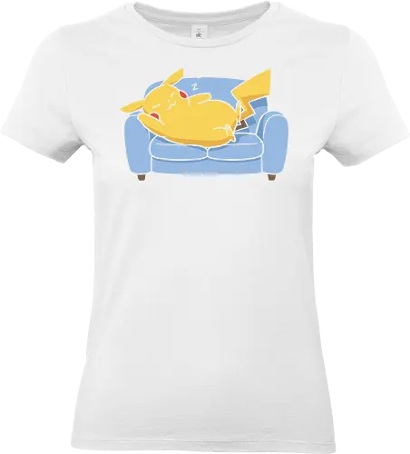 Sofa Mouse Nap - Mouse, sleeping Pikachu, Pocket, nap time, cozy, cute, kawaii, fan art, couch, sofa, t-shirt design, art print, electric type, gamer gift, geek art, wholesome, minimalist. - Standard T-Shirt (Women)