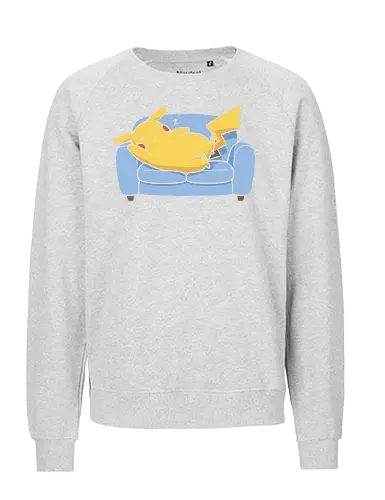 Sofa Mouse Nap - Mouse, sleeping Pikachu, Pocket, nap time, cozy, cute, kawaii, fan art, couch, sofa, t-shirt design, art print, electric type, gamer gift, geek art, wholesome, minimalist. - Fairtrade Sweatshirt
