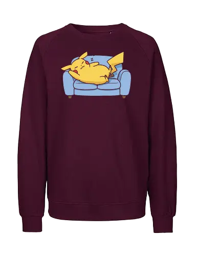 Sofa Mouse Nap - Mouse, sleeping Pikachu, Pocket, nap time, cozy, cute, kawaii, fan art, couch, sofa, t-shirt design, art print, electric type, gamer gift, geek art, wholesome, minimalist. - Fairtrade Sweatshirt