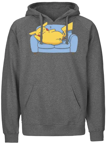 Sofa Mouse Nap - Mouse, sleeping Pikachu, Pocket, nap time, cozy, cute, kawaii, fan art, couch, sofa, t-shirt design, art print, electric type, gamer gift, geek art, wholesome, minimalist. - Fairtrade Hoodie