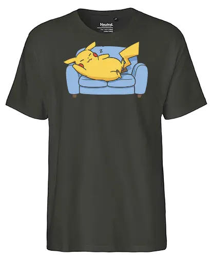 Sofa Mouse Nap - Mouse, sleeping Pikachu, Pocket, nap time, cozy, cute, kawaii, fan art, couch, sofa, t-shirt design, art print, electric type, gamer gift, geek art, wholesome, minimalist. - Fairtrade T-Shirt