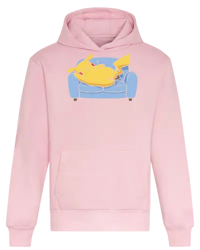 Sofa Mouse Nap - Mouse, sleeping Pikachu, Pocket, nap time, cozy, cute, kawaii, fan art, couch, sofa, t-shirt design, art print, electric type, gamer gift, geek art, wholesome, minimalist. - Heavyweight Hoodie
