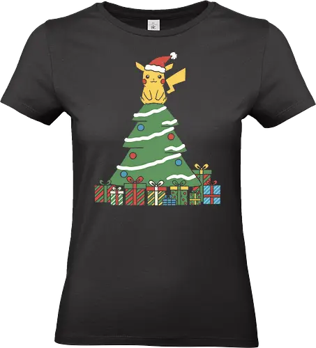 Holiday Mouse Star - Mouse, Christmas, holiday Pikachu, Pocket, Christmas tree, Santa hat, festive, cute, nostalgic, fan art, t-shirt design, art print, gamer gift, geek holiday, anime gift, Electric-type - Standard T-Shirt (Women)