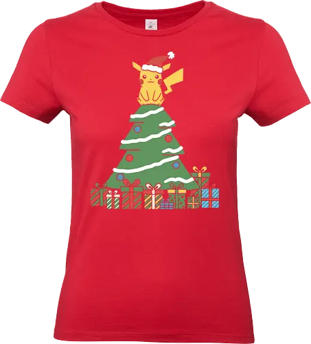 Holiday Mouse Star - Mouse, Christmas, holiday Pikachu, Pocket, Christmas tree, Santa hat, festive, cute, nostalgic, fan art, t-shirt design, art print, gamer gift, geek holiday, anime gift, Electric-type - Standard T-Shirt (Women)