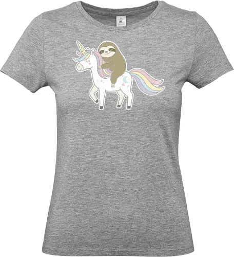Speedy Sloth Ride - Sloth on unicorn, cute sloth, unicorn, rainbow, fantasy art, whimsical, sloth lover, cute animal, magical, kawaii, t-shirt design, art print, pastel colors, funny sloth, mythical creature - Standard T-Shirt (Women)