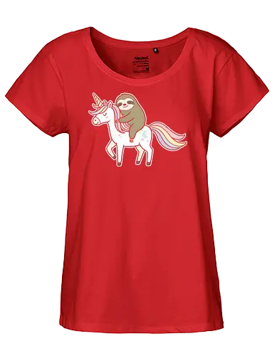 Speedy Sloth Ride - Sloth on unicorn, cute sloth, unicorn, rainbow, fantasy art, whimsical, sloth lover, cute animal, magical, kawaii, t-shirt design, art print, pastel colors, funny sloth, mythical creature - Fairtrade Girl Shirt