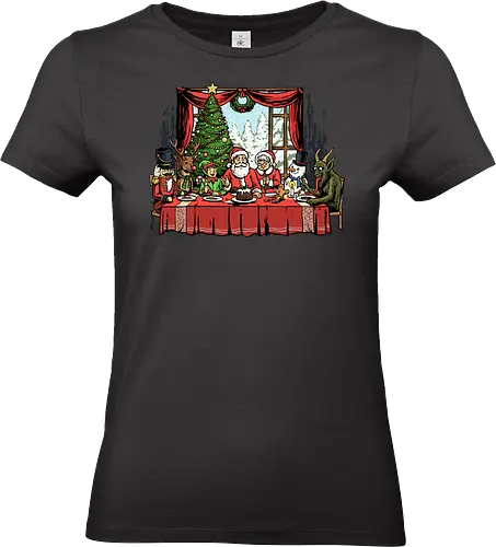 Last Christmas Supper - last supper, christian, christmas, davinci, dinner, elf, faith, gingerbread man, krampus, nutcracker, reindeer, religious, renaissance, santa claus, snowman - Standard T-Shirt (Women)
