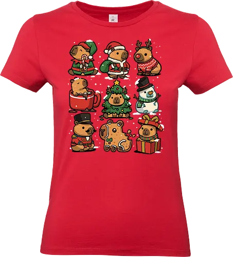 Christmas Capybaras - christmas capybara, animal, cappy, capy, capybara, christmas, elf, funny capybara, merry christmas, nutcracker, reindeer, rodent, santa claus, snowman, xmas - Standard T-Shirt (Women)