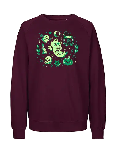 Green Halloween Vibes - Katze, Halloween, geflügelte Katze, grüne Katze, cat, winged cat, green cat, green, spooky, spirit, spiritual, moon, witch, cauldron, cosmic cat - Fairtrade Sweatshirt