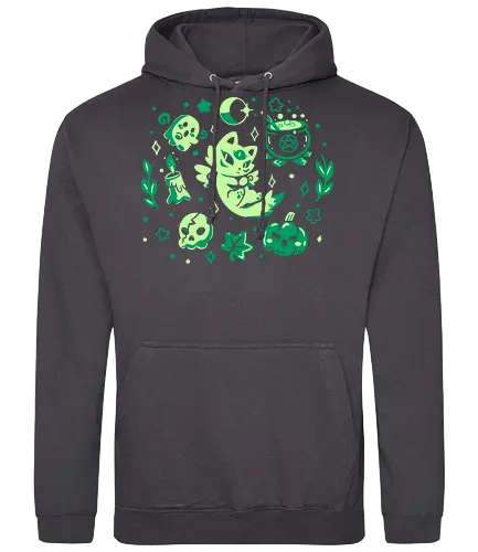 Green Halloween Vibes - Katze, Halloween, geflügelte Katze, grüne Katze, cat, winged cat, green cat, green, spooky, spirit, spiritual, moon, witch, cauldron, cosmic cat - Standard Hoodie