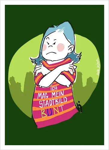 Ich mag mein Stadtbild bunt! - Ringelpullisprüche, Ringeldinger, streifenweise, Spruch, Weisheit, Motivation, Ringelpulli, SprücheShirt, Cartoon Illustration, Statement, Stadtbild, Handgezeichnet, Humor, Selbstironie, Streifenpulli, Spruchshirt, deutsch - Artprint
