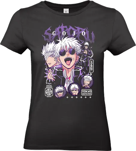  Satoru Gojo: Pop Art Sorcerer - Satoru Gojo, Gojo, Jujutsu, JJK, Six Eyes, pop art, collage, anime, manga, fan art, t-shirt design, art print, cool anime boy, geek art, stylish, purple aesthetic, overpowered, iconic. - Standard T-Shirt (Women)