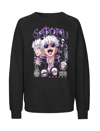  Satoru Gojo: Pop Art Sorcerer - Satoru Gojo, Gojo, Jujutsu, JJK, Six Eyes, pop art, collage, anime, manga, fan art, t-shirt design, art print, cool anime boy, geek art, stylish, purple aesthetic, overpowered, iconic. - Fairtrade Sweatshirt