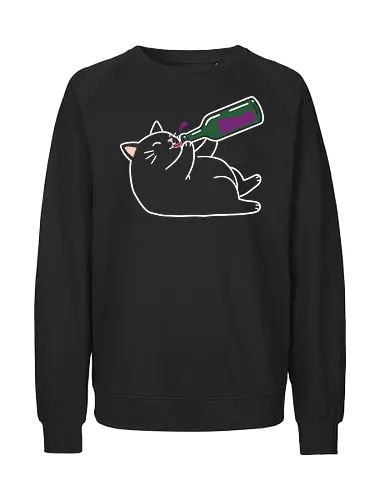 Tipsy Kitty (Wine Drinking Cat) - Wine cat, drunk cat, funny cat, wine lover, tipsy kitty, humorous, minimalist, cartoon cat, t-shirt design, art print, quirky humor, cat lover gift, party cat, animal humor. - Fairtrade Sweatshirt