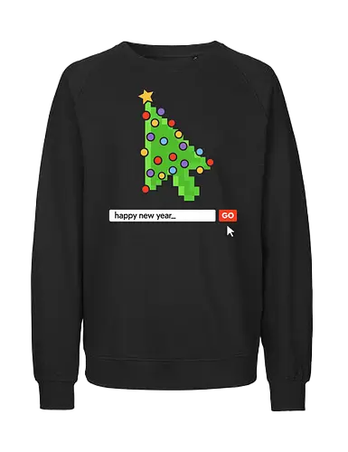  Searching for a Happy New Year - Happy New Year, Christmas cursor, pixel art, retro gaming, Christmas tree, holiday tech, nerdy holiday, 8-bit, gamer gift, t-shirt design, art print, minimalist, unique Christmas, web developer, nostalgic. - Fairtrade Sweatshirt