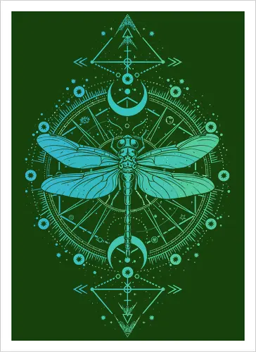 Green Dragonfly - green, dragonfly, insect, moon, mystic, mystical, occult, star, lm2kone, moon phases, aethestic, illustration - Artprint