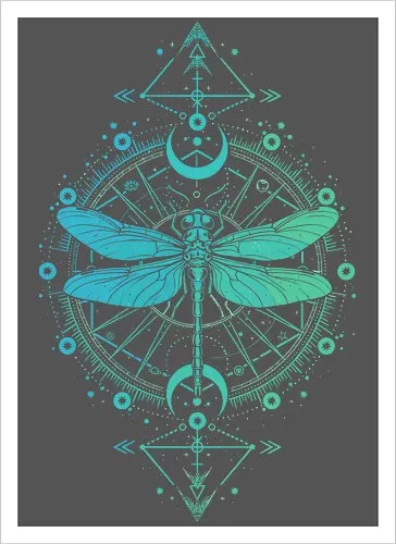 Green Dragonfly - green, dragonfly, insect, moon, mystic, mystical, occult, star, lm2kone, moon phases, aethestic, illustration - Artprint