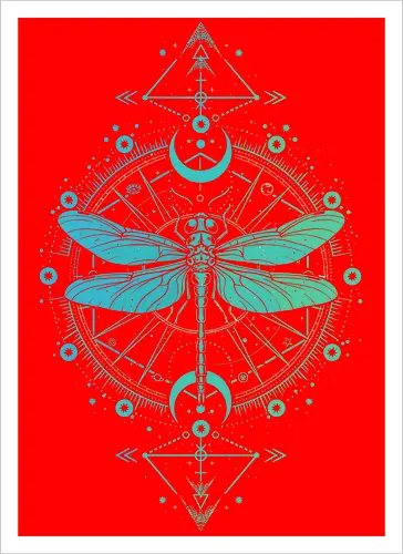 Green Dragonfly - green, dragonfly, insect, moon, mystic, mystical, occult, star, lm2kone, moon phases, aethestic, illustration - Artprint
