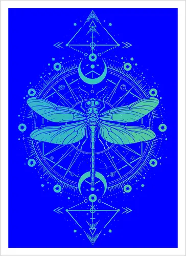 Green Dragonfly - green, dragonfly, insect, moon, mystic, mystical, occult, star, lm2kone, moon phases, aethestic, illustration - Artprint