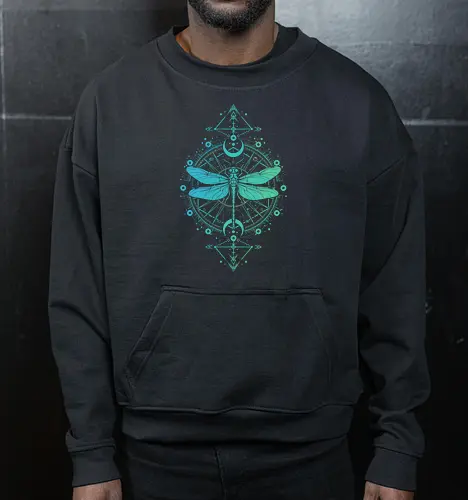 Green Dragonfly - green, dragonfly, insect, moon, mystic, mystical, occult, star, lm2kone, moon phases, aethestic, illustration - Cropped Sweatshirt