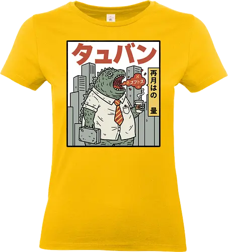 Kaiju Commuter Grumbles - Godzilla commute, office worker, funny Godzilla, corporate monster, kaiju humor, ironic, t-shirt design, art print, Japanese graphic, cool monster, anti-work, meme art, pop culture, salaryman. - Standard T-Shirt (Women)