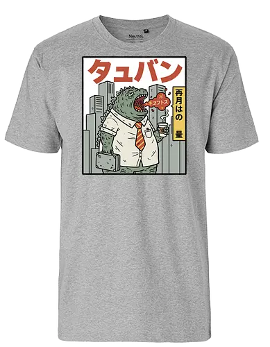 Kaiju Commuter Grumbles - Godzilla commute, office worker, funny Godzilla, corporate monster, kaiju humor, ironic, t-shirt design, art print, Japanese graphic, cool monster, anti-work, meme art, pop culture, salaryman. - Fairtrade T-Shirt