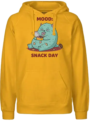 Mood: Snack Day Monster - Mood Snack Day, funny monster, cute monster, donuts, comfort food, foodie humor, lazy day, cartoon monster, t-shirt design, art print, sarcastic, quirky humor, pastry lover, cheat day. - Fairtrade Hoodie