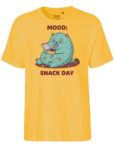 Mood: Snack Day Monster - Mood Snack Day, funny monster, cute monster, donuts, comfort food, foodie humor, lazy day, cartoon monster, t-shirt design, art print, sarcastic, quirky humor, pastry lover, cheat day. - Fairtrade T-Shirt