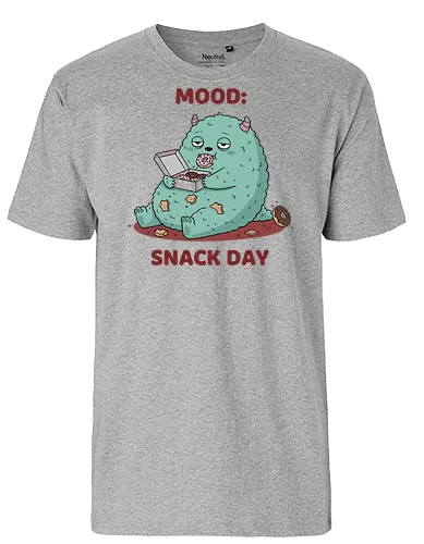 Mood: Snack Day Monster - Mood Snack Day, funny monster, cute monster, donuts, comfort food, foodie humor, lazy day, cartoon monster, t-shirt design, art print, sarcastic, quirky humor, pastry lover, cheat day. - Fairtrade T-Shirt