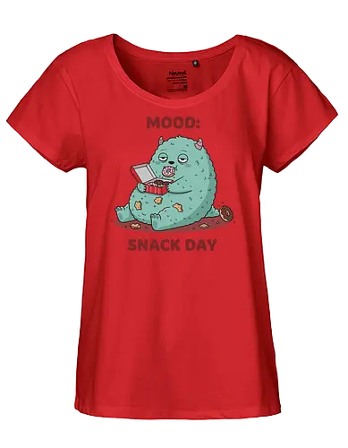 Mood: Snack Day Monster - Mood Snack Day, funny monster, cute monster, donuts, comfort food, foodie humor, lazy day, cartoon monster, t-shirt design, art print, sarcastic, quirky humor, pastry lover, cheat day. - Fairtrade Girl Shirt