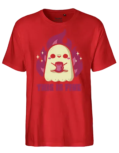 This is Fine Ghost Coffee - meme, im fine, funny, ghost, burnout, flame, fire, coffee, dark humor, spooky, creepy, goth, pink, xmorfina, this is fine - Fairtrade T-Shirt