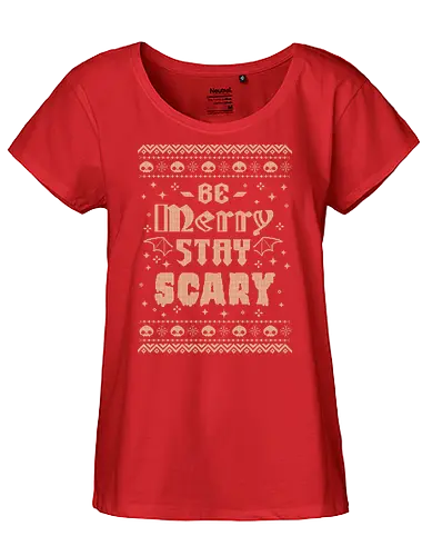 Be Merry Stay Scary Ugly Sweater - be merry stay scary, spooky, creepy, horror, scary, goth, ugly sweater, xmas, christmas, dark, skull, halloween, festive, knitted, xmorfina - Fairtrade Girl Shirt