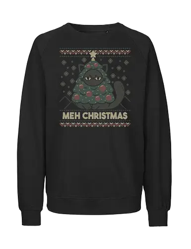 Meh Ugly Christmas Sweater - meh, ugly sweater, funny cat, christmas tree, grumpy, angry, humor, sarcastic, sarcasm, christmas, merry christmas, hate, festive, knitted, xmorfina - Fairtrade Sweatshirt