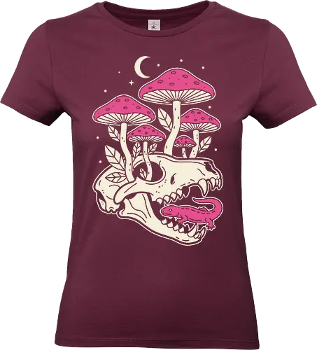 Mushroom Skull Growth - Mushroom skull, macabre cottagecore, gothic nature, Amanita muscaria, pink mushroom, lizard, animal skull, dark academia, fantasy art, t-shirt design, art print, whimsical, spooky cute, unique graphic, toadstool - Standard T-Shirt (Women)