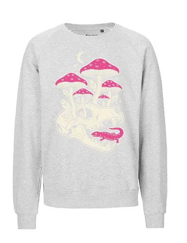 Mushroom Skull Growth - Mushroom skull, macabre cottagecore, gothic nature, Amanita muscaria, pink mushroom, lizard, animal skull, dark academia, fantasy art, t-shirt design, art print, whimsical, spooky cute, unique graphic, toadstool - Fairtrade Sweatshirt
