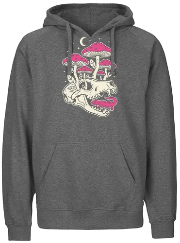 Mushroom Skull Growth - Mushroom skull, macabre cottagecore, gothic nature, Amanita muscaria, pink mushroom, lizard, animal skull, dark academia, fantasy art, t-shirt design, art print, whimsical, spooky cute, unique graphic, toadstool - Fairtrade Hoodie