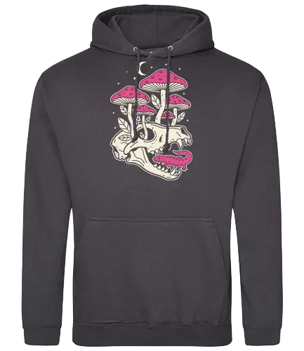 Mushroom Skull Growth - Mushroom skull, macabre cottagecore, gothic nature, Amanita muscaria, pink mushroom, lizard, animal skull, dark academia, fantasy art, t-shirt design, art print, whimsical, spooky cute, unique graphic, toadstool - Standard Hoodie