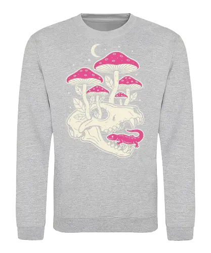 Mushroom Skull Growth - Mushroom skull, macabre cottagecore, gothic nature, Amanita muscaria, pink mushroom, lizard, animal skull, dark academia, fantasy art, t-shirt design, art print, whimsical, spooky cute, unique graphic, toadstool - Sweatshirt