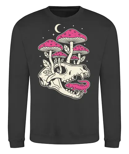Mushroom Skull Growth - Mushroom skull, macabre cottagecore, gothic nature, Amanita muscaria, pink mushroom, lizard, animal skull, dark academia, fantasy art, t-shirt design, art print, whimsical, spooky cute, unique graphic, toadstool - Sweatshirt