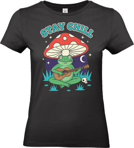Stay Chill Frog Troubadour - Stay Chill, chill frog, frog playing ukulele, cottagecore, whimsical, retro art, mushroom frog, Amanita Muscaria, nature art, t-shirt design, art print, groovy, cool frog, animal musician, quirky humor - Standard T-Shirt (Women)