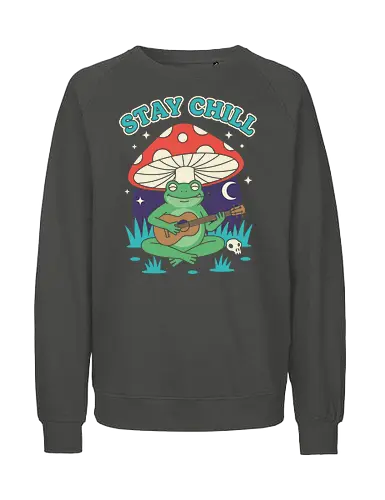 Stay Chill Frog Troubadour - Stay Chill, chill frog, frog playing ukulele, cottagecore, whimsical, retro art, mushroom frog, Amanita Muscaria, nature art, t-shirt design, art print, groovy, cool frog, animal musician, quirky humor - Fairtrade Sweatshirt